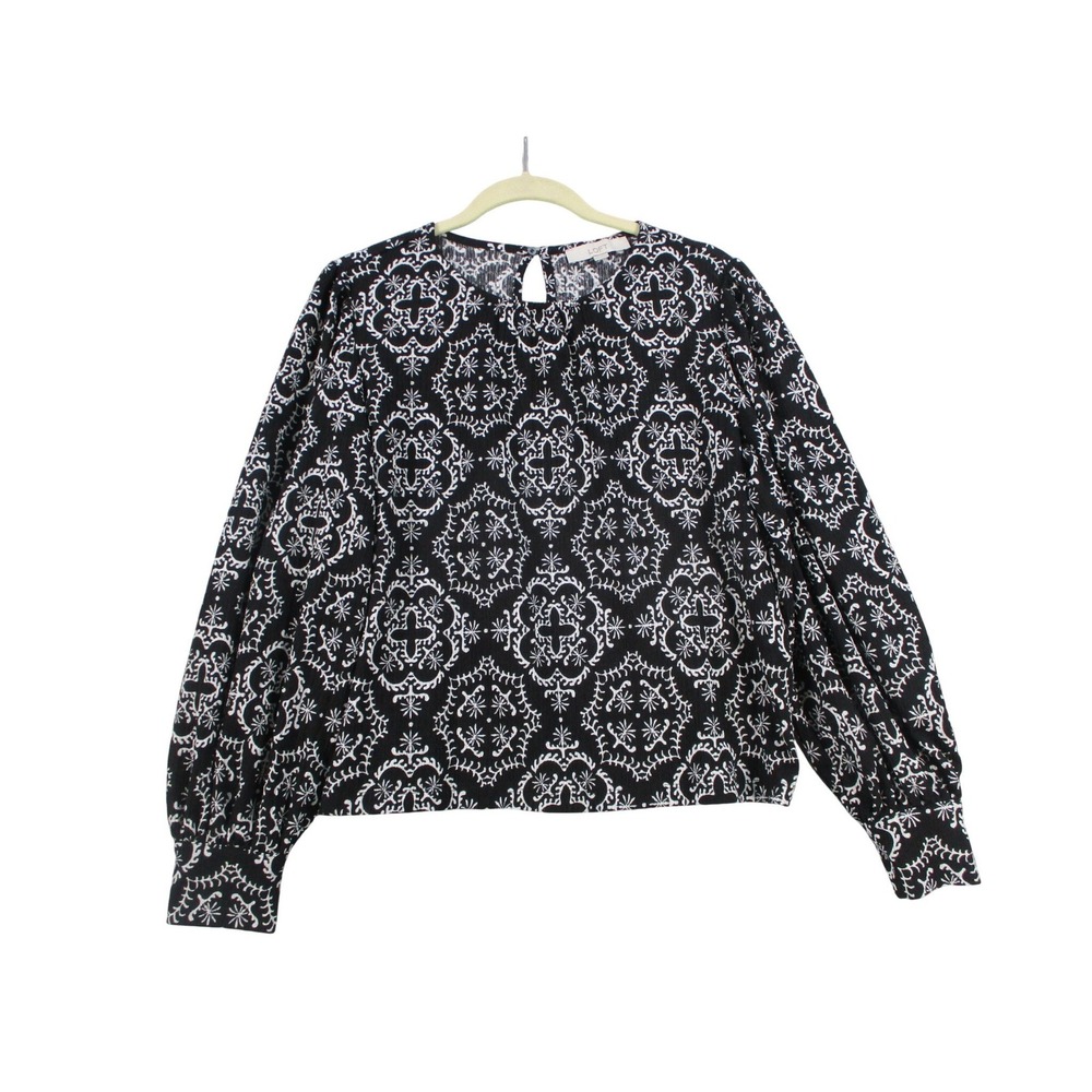 Loft Womens Black White Medallion Print Puff Sleeve Blouse Top Size M